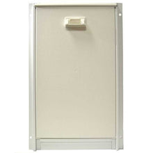 A closed, beige pet door with a clear plastic handle and metal frame.