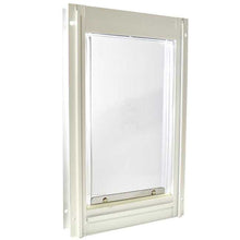 Close-up of a white-framed pet door with a clear plastic flap.