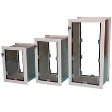 Three progressively larger metal access doors with white frames are displayed against a dark background.