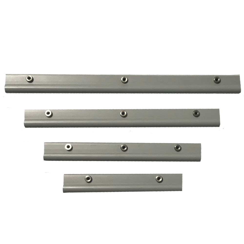 Four gray metal bars of varying lengths, each with several drilled holes.