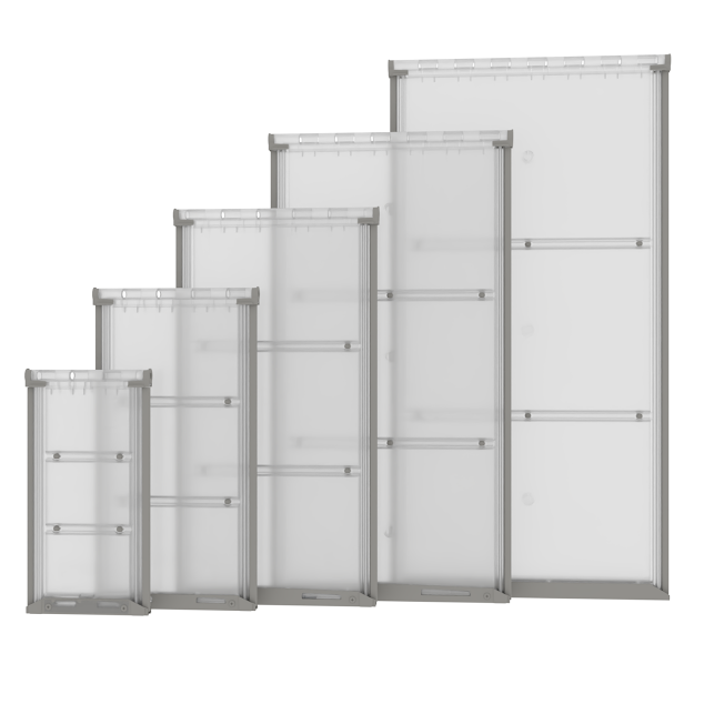 Endura Flap replacement flap, five white flap panels in aluminum frames arranged left to right in ascending size order on a white background.