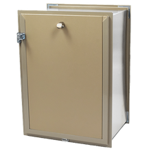 A partially open, tan-colored metal pet door with a silver handle.