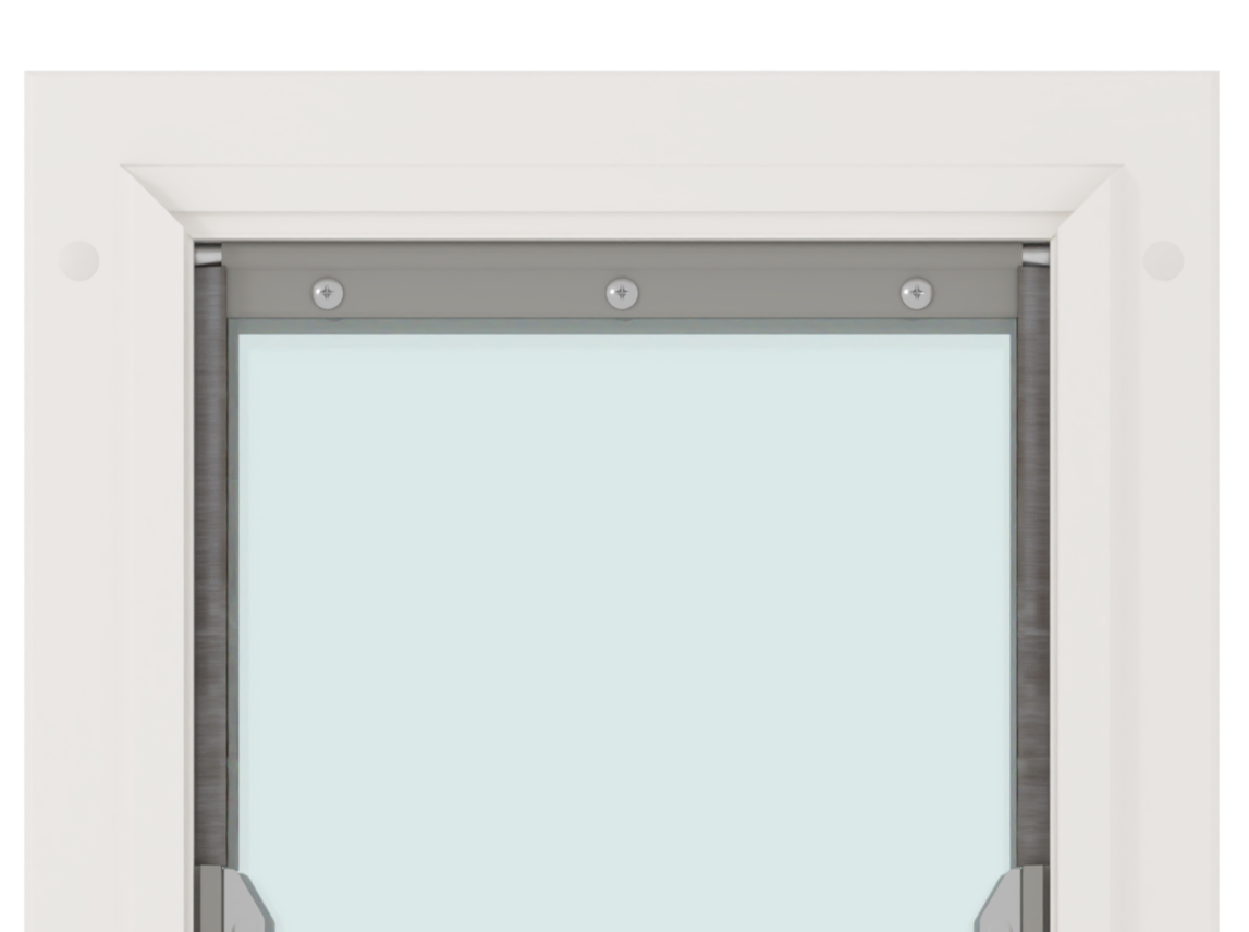 A close-up of a white-framed window with a gray top bar secured by three screws.