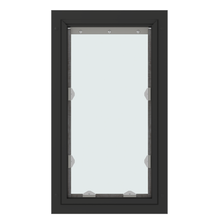 A narrow, rectangular window with a black frame and a clear glass panel.