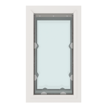 A white framed window with clear glass and metal hardware.