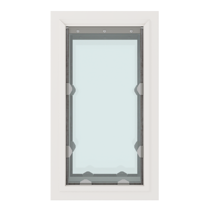 A white framed window with clear glass and metal hardware.