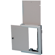 A metal access panel is shown with one door partially open and another hinged upward.