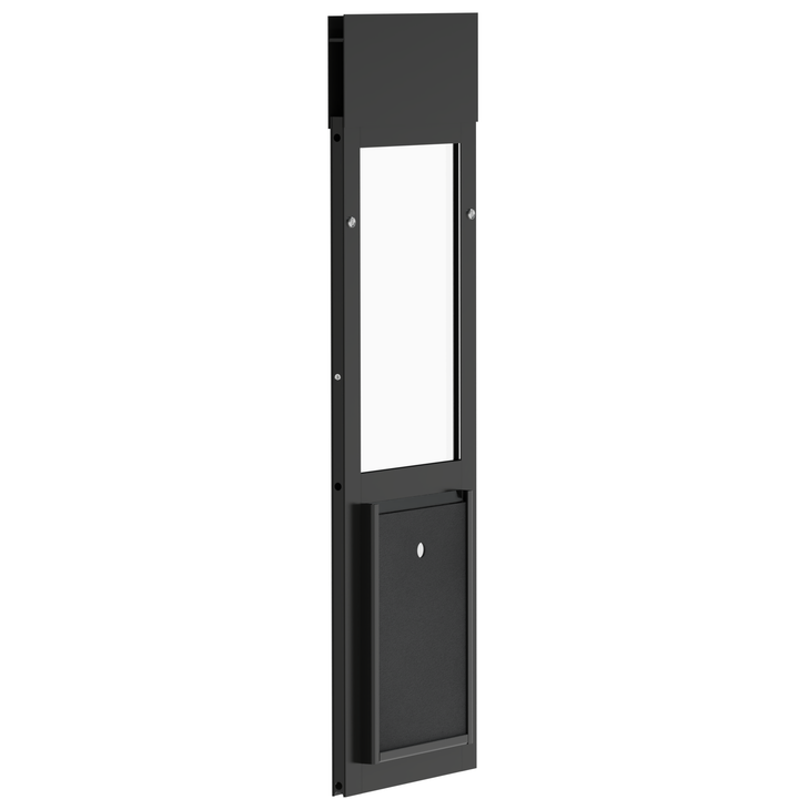  Dragon small vinyl window pet door, black, front view, tilted, with locking cover.
