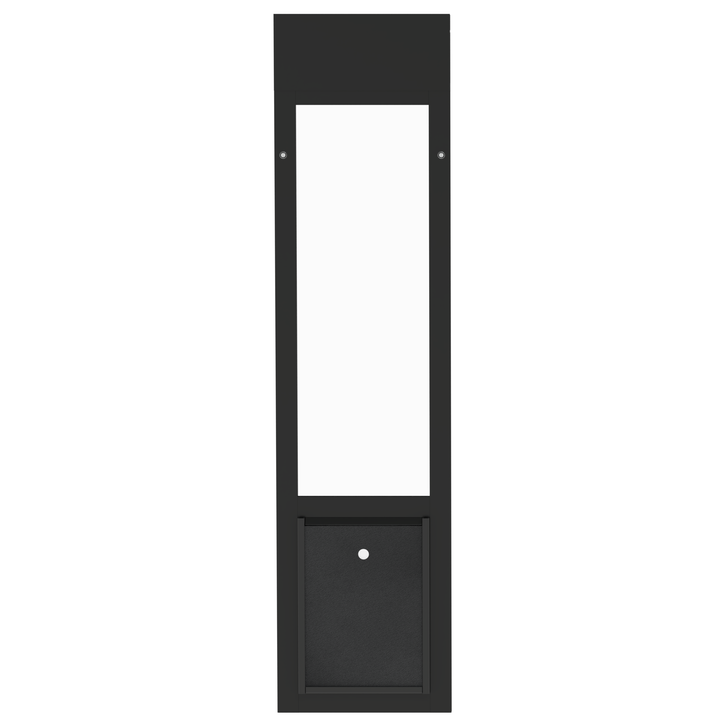  Dragon small vinyl window pet door, black, angled view, front open, with locking cover.
