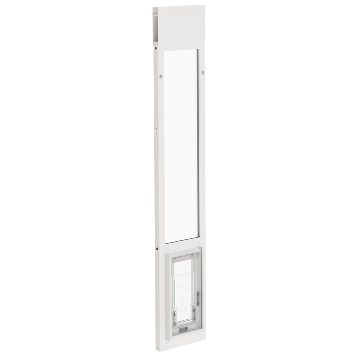  Dragon vinyl window pet door, angled view, white, single flap with locking cover.