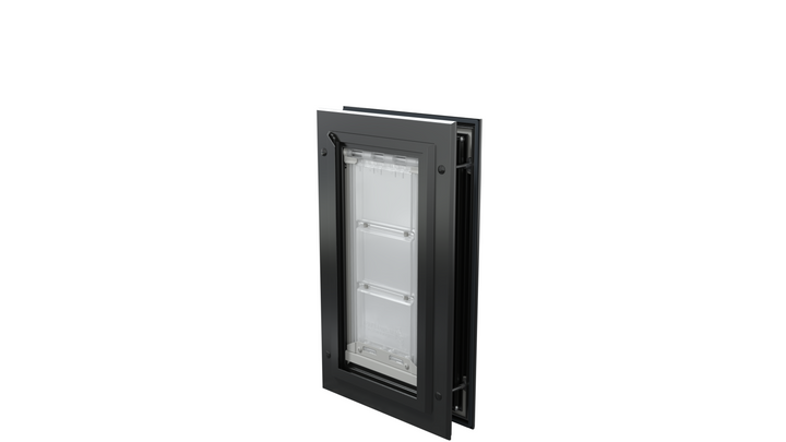 Closed, black Endura Flap single flap dog door, angled.