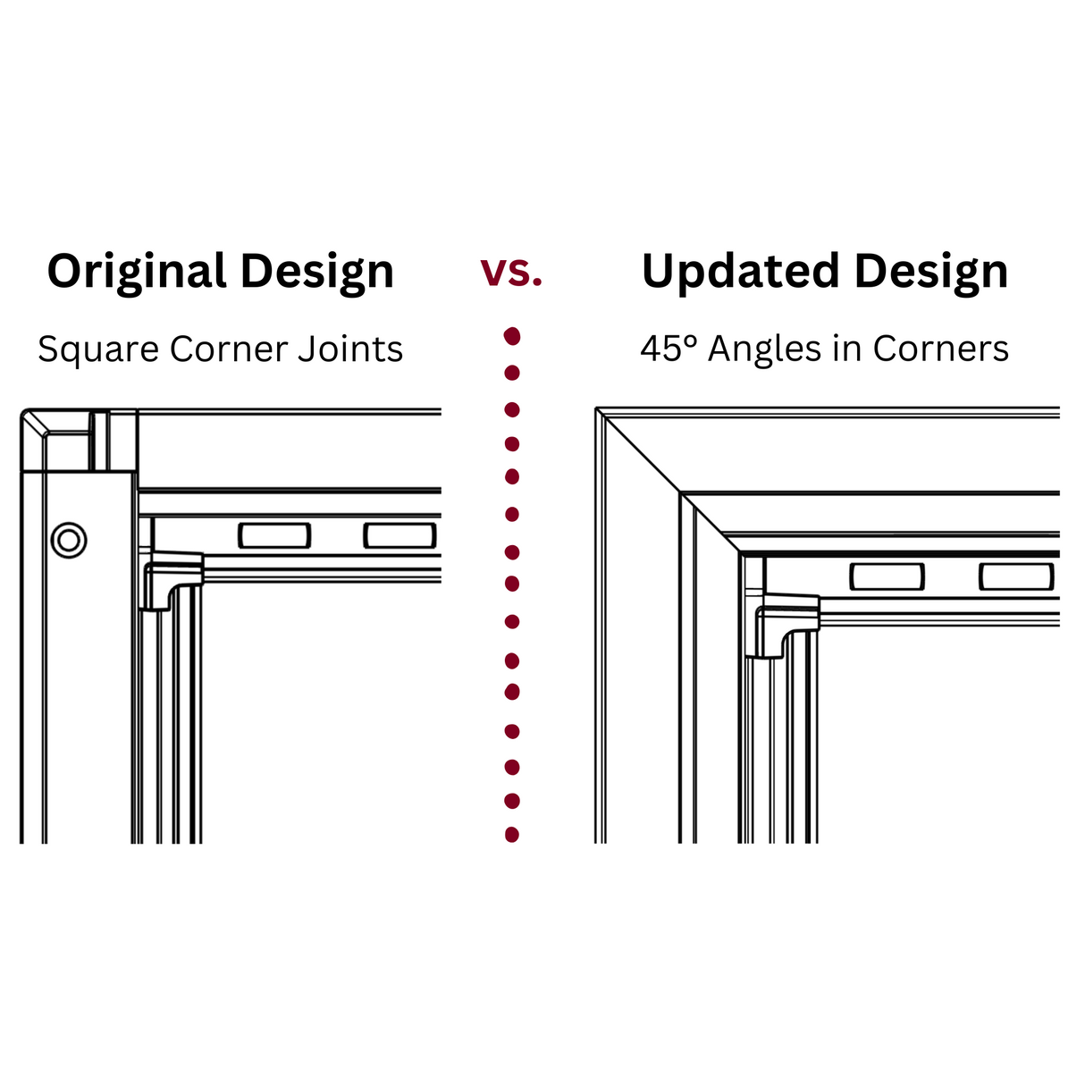 Diagram contrasting square corner joints in an original design versus 45-degree angles in corners in an updated design.