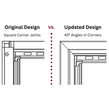 Diagram contrasting square corner joints in an original design versus 45-degree angles in corners in an updated design.