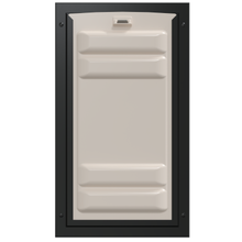 A beige pet door with a black frame is displayed against a white background.