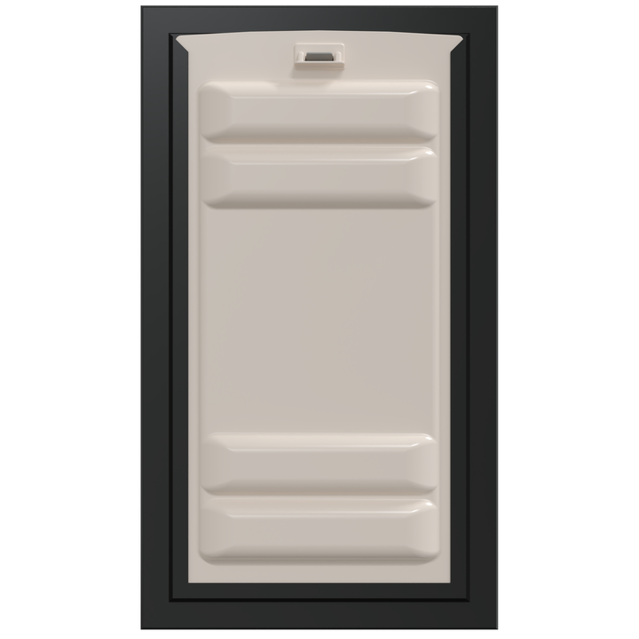 Beige molded door with black trim.