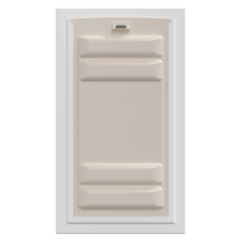 Beige shower base with built-in grab bars and white trim.