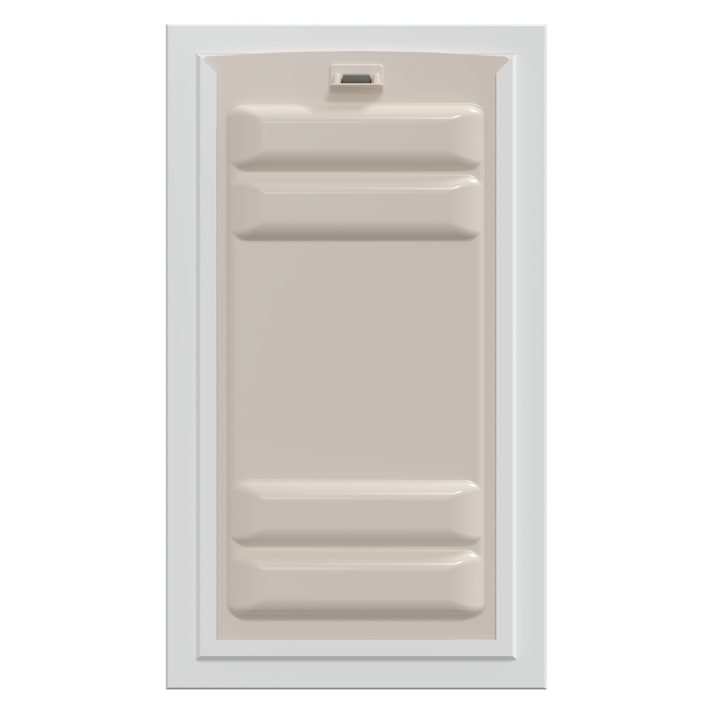Beige shower base with built-in grab bars and white trim.