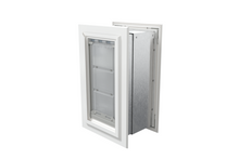 Angled view of a closed, white Endura Flap double flap wall mount pet door. This insulated dog door for wall helps maintain your home's temperature.