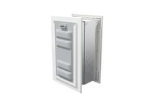 Angled view of a white endura flap pet door for wall with a locking cover. This double flap dog door offers enhanced security.