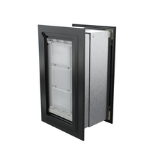 Angled view of a closed, black Endura Flap single flap wall mount pet door. Looking for insulated dog doors for walls? Consider this endura flap dog door.