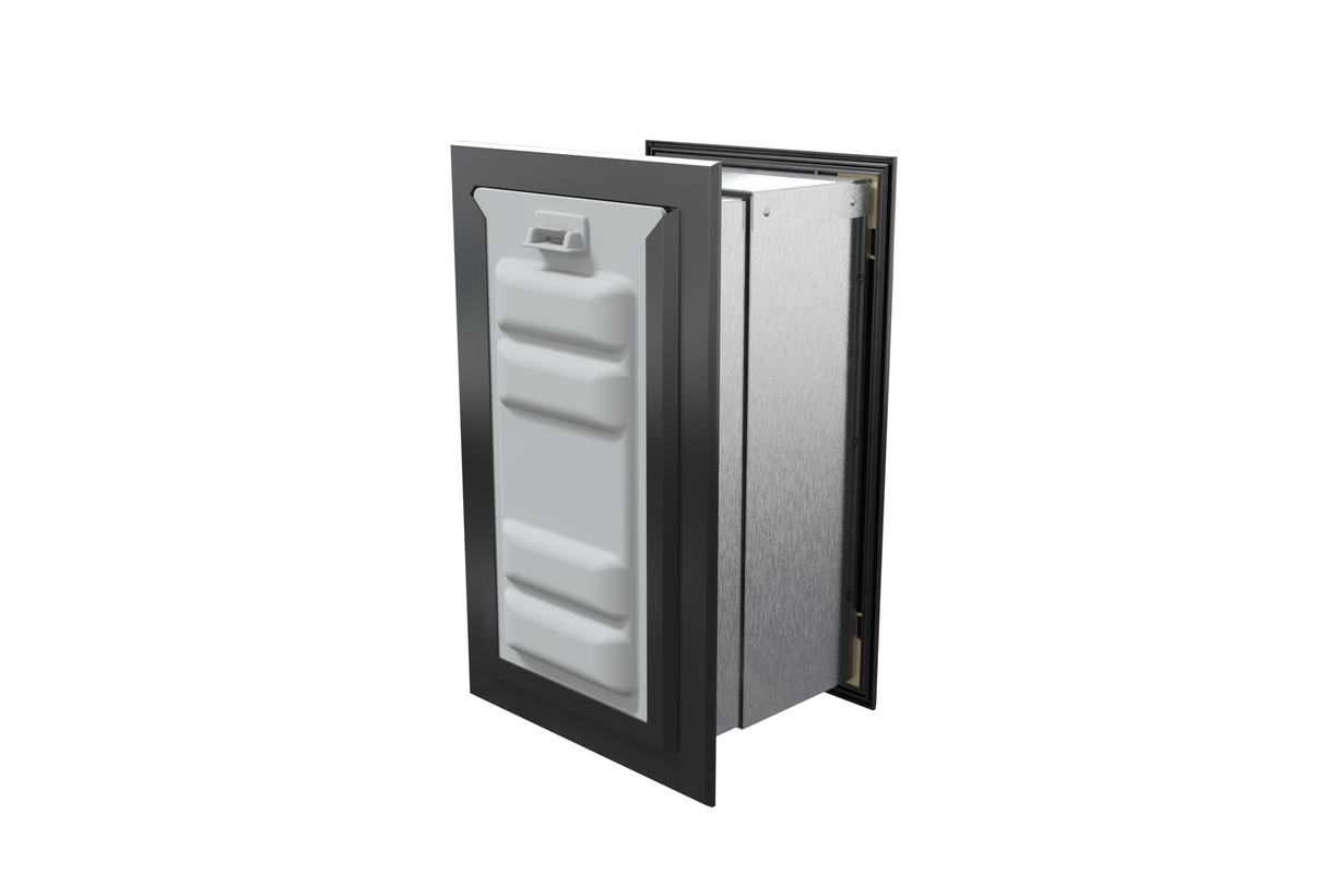 Angled view of a black endura flap dog door for wall with the locking cover. This secure wall doggy door option provides added safety and insulation.