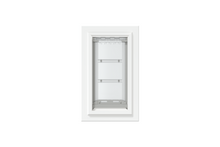 Front view of a white, single flap Endura Flap dog door for wall. Find the best dog doors for walls like this durable endura dog door.