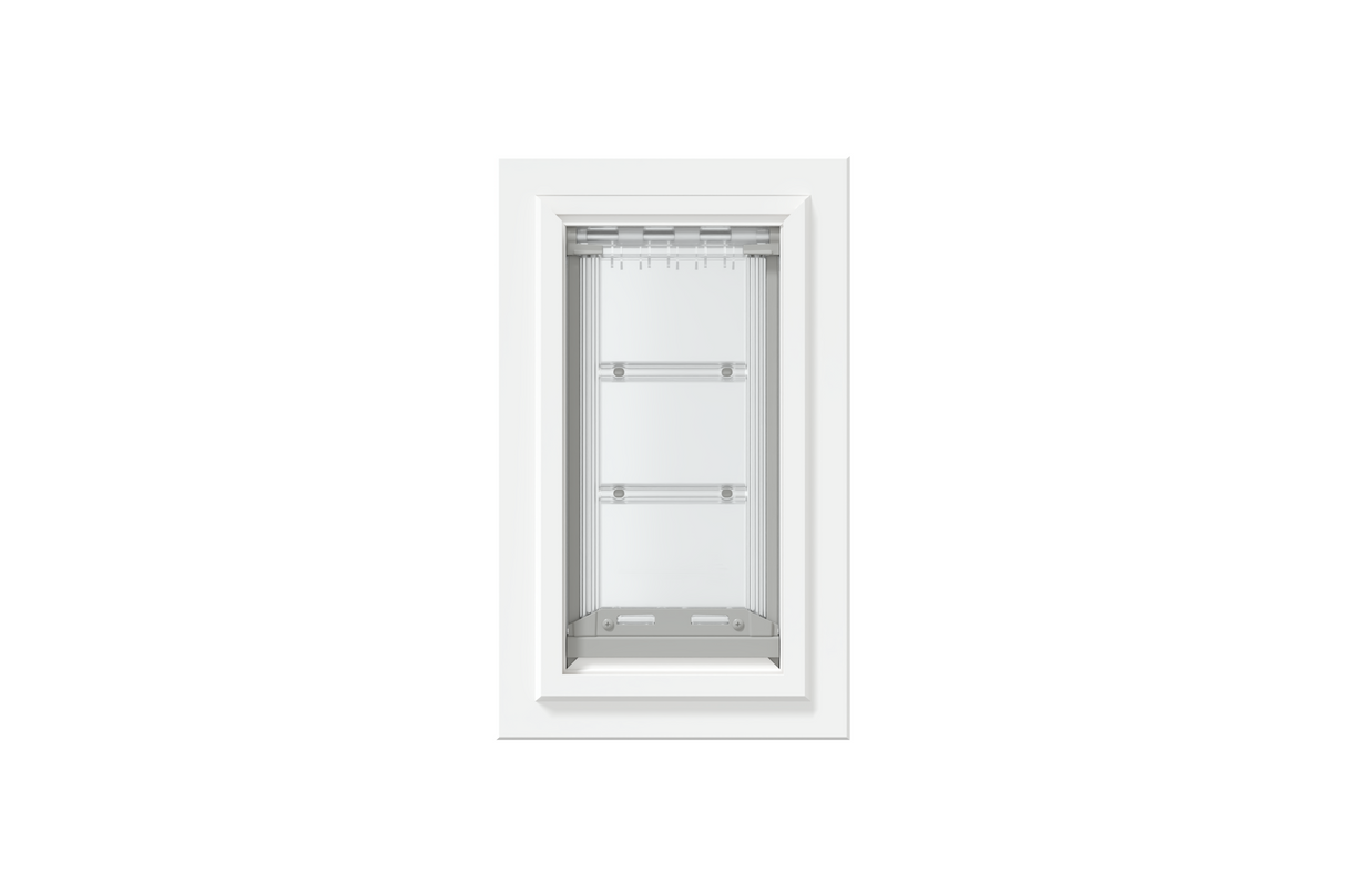 Front view of a white, single flap Endura Flap dog door for wall installation. This durable and energy-efficient endura flap pet door is a perfect solution for pet owners looking for secure dog doors for walls.