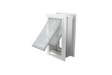 Angled view of an open, white Endura Flap double flap wall mount pet door. This extreme weather dog door for wall provides excellent insulation.