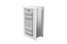 Angled view of a white endura flap pet door for wall with a locking cover. This double flap dog door offers enhanced security.