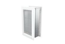 Angled view of a closed, white Endura Flap single flap wall mount pet door. Consider this high-quality endura flap pet door for your wall dog doors needs.