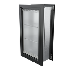 Angled view of a closed, black Endura Flap double flap wall mount pet door. Consider this through wall pet door for superior insulation.