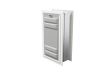 Angled view of a white endura flap pet door for wall with a locking cover. This double flap dog door offers enhanced insulation and security.
