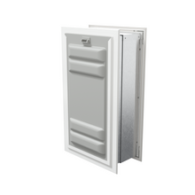 Angled view of a white endura flap pet door for wall with a locking cover. This double flap dog door offers enhanced insulation and security.