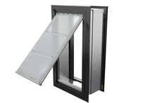 Angled view of an open, black Endura Flap single flap wall mount pet door. This in wall dog door offers a sleek look and easy pet access.