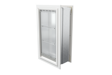 Angled view of a closed, white Endura Flap single flap wall mount pet door. This energy-efficient endura flap pet door is a great choice among dog doors for walls.