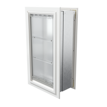 Angled view of a closed, white Endura Flap single flap wall mount pet door. This energy-efficient endura flap pet door is a great choice among dog doors for walls.