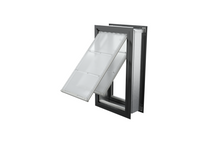 Angled view of an open, black Endura Flap double flap wall mount pet door. This through wall dog door is perfect for keeping out the elements for larger pets.