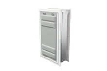 Angled view of a white endura flap pet door for wall with a locking cover. This double flap dog door offers enhanced security.
