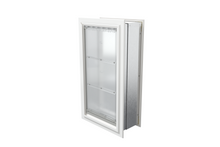 Angled view of a closed, white Endura Flap single flap wall mount pet door. Consider this high-quality endura flap pet door for your wall dog doors needs.