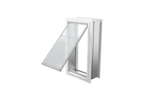 Angled view of an open, white Endura Flap single flap wall mount pet door. This easy-to-use dog door for wall is perfect for your furry friend.