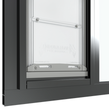 The bottom section of the black Thermo Sash 3e pet door for sash window is shown closed in a sash window