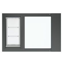 A frontal view of the black Thermo Sash 3e sash window dog door (primarily for cats) ready for installation