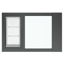 A frontal view of the black Thermo Sash 3e window doggie door (though primarily for cats) ready for installation in a sash window