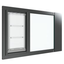 A black Thermo Sash 3e dog door in window (suitable for cats) is displayed, designed for sash windows