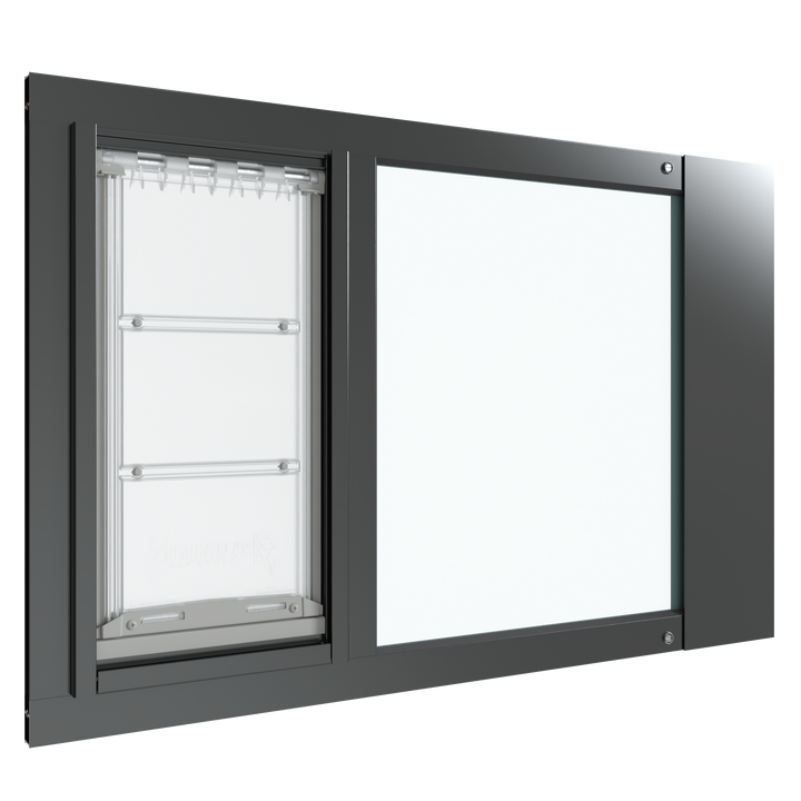 A black Thermo Sash 3e dog door in window (suitable for cats) is displayed, designed for sash windows
