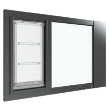 A black Thermo Sash 3e cat doors window is displayed, designed for easy installation in sash windows. This pet door for window provides a secure passage for your cat.