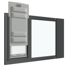 An angled view of the black Thermo Sash 3e cat window insert with the Endura Flap slightly raised, illustrating its use as a cat door in glass within a sash window