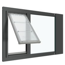 A black Thermo Sash 3e sash+window+pet+door is shown open within a sash window, providing easy access for your kitty door for window._Color_Black