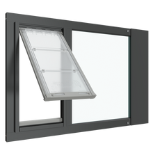 A black Thermo Sash 3e window cat doors is shown open, installed in a sash window. This cat door window offers an adjustable cat door for window solution.._Color_Black