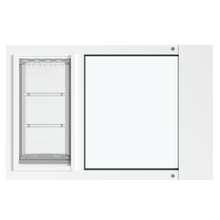 A frontal view of the white Thermo Sash 3e cat door for sash window, ready for easy installation in your window sash